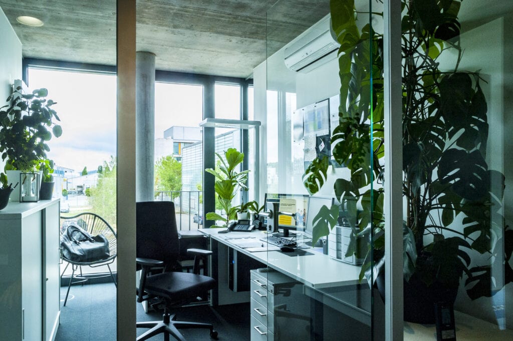 Büroräumlichkeit mit Schreibtisch, Bürostuhl und Pflanzen