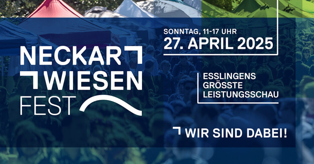 Plakat für das Neckarwiesenfest 2025, bunte Zelte, blaues Thema, Text: "Esslingens größte Leistungsschau".