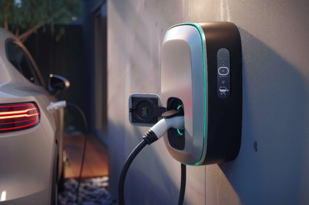 Elektrofahrzeug-Ladestation mit angeschlossenem Kabel
