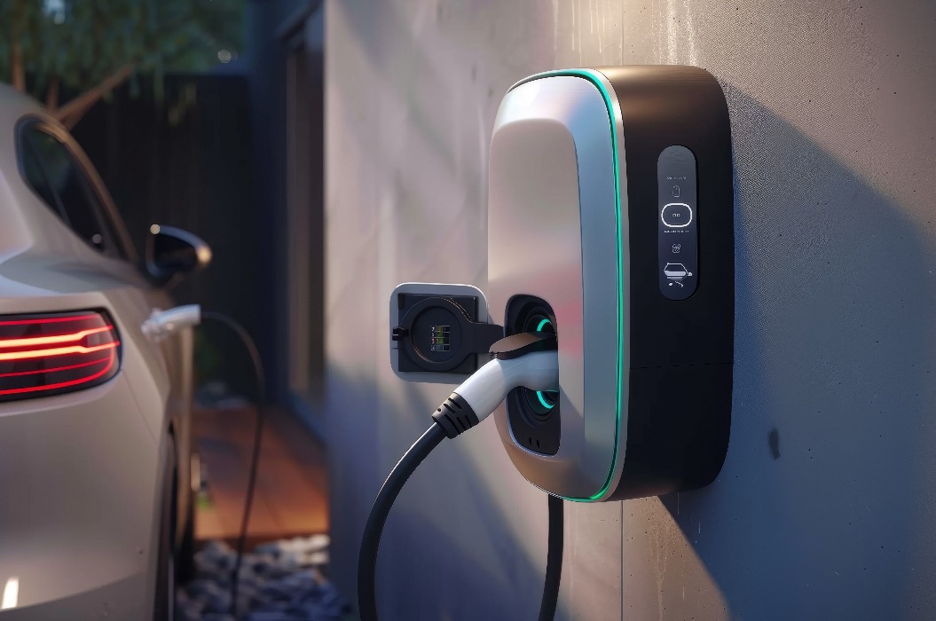 Elektrofahrzeug-Ladestation mit angeschlossenem Kabel